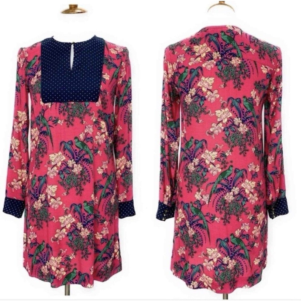 Anthropologie Maeve Sz 4 Bird Parrot Tropical Polka Dot Shift Pink Dress Keyhole